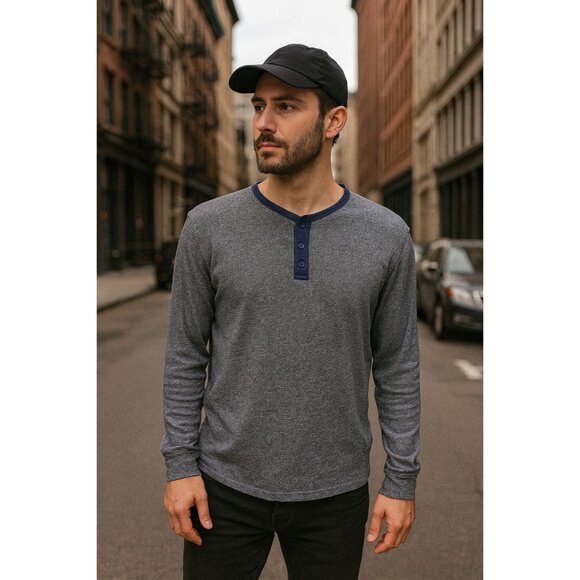 Rustic Souls Men’s L Henley Shirt Long Sleeve Navy Blue Casual Thermal Top - Picture 1 of 9
